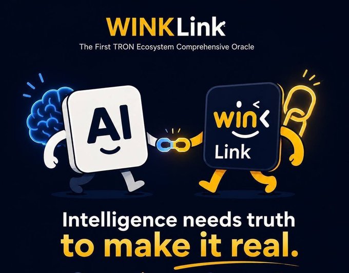 WINKLink promotional graphic featuring cartoon characters labeled "AI" and "WinLink," with the text "The First TRON Ecosystem Comprehensive Oracle" and the tagline "Intelligence needs truth to make it real."