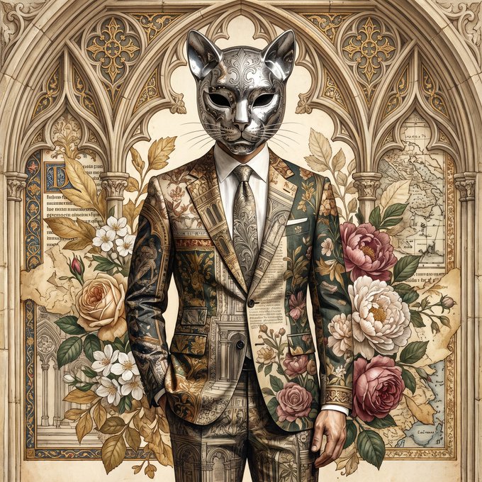 An ornate illustration of an anthropomorphic cat-headed figure wearing a suit patterned with floral and architectural designs, set against a backdrop of gothic arches and maps.