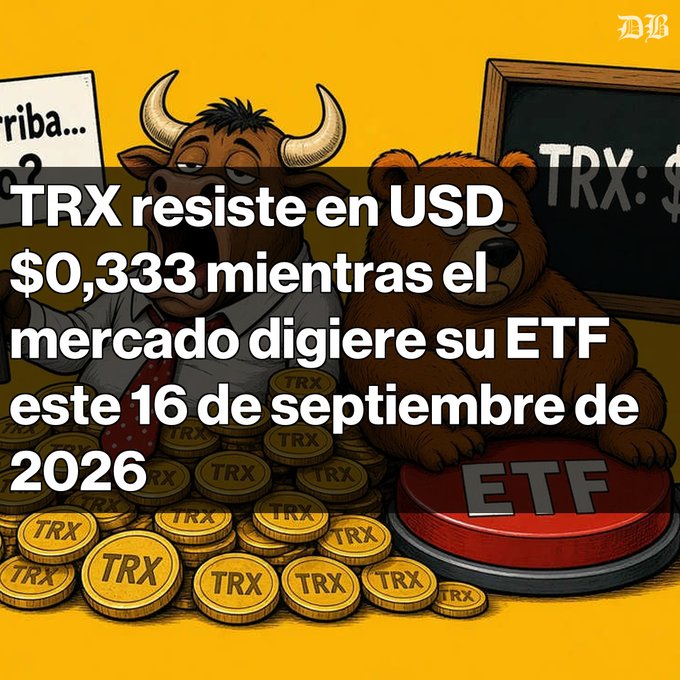 A cartoon illustration shows a bull and bear character surrounded by TRX coins, with text reading 'TRX resiste en USD $0,333 mientras el mercado digiere su ETF este 16 de septiembre de 2026' and a chalkboard displaying 'TRX: $'.