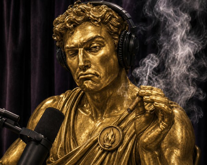 A golden classical statue bust wearing black headphones, smoking a cigar with smoke billowing, with a microphone in the foreground.