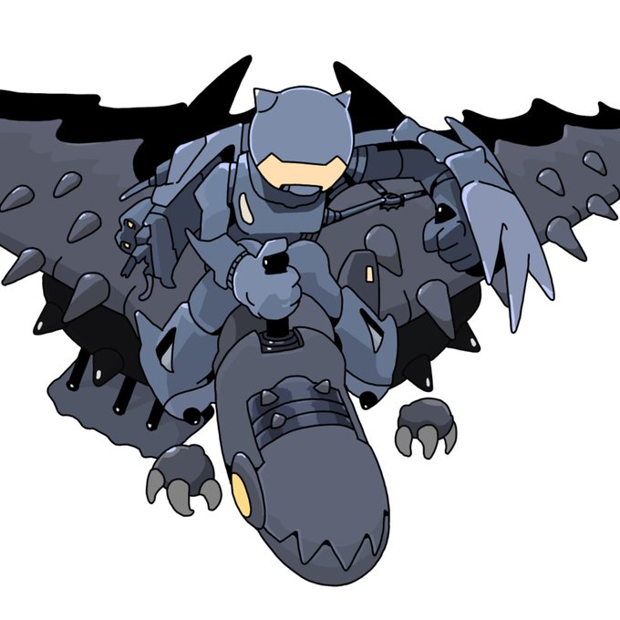 An anime-style illustration of a character in grey armor riding a dark, spiky mechanical beast with large wings.