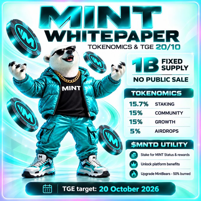 A promotional graphic for the 'MINT' cryptocurrency whitepaper, featuring a cartoon polar bear in a teal tracksuit surrounded by MINT tokens. Key text includes 'TOKENOMICS & TGE 20/10', '1B FIXED SUPPLY', 'NO PUBLIC SALE', token allocation (15.7% Staking, 15% Community, 15% Growth, 5% Airdrops), and a TGE target date of '20 October 2026'.