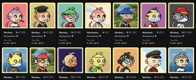 A grid of NFT collectible cards features various pixel-art characters from 'MonkeyHood' with prices in ETH and a 'Top Offer' of 0.034 ETH for each.