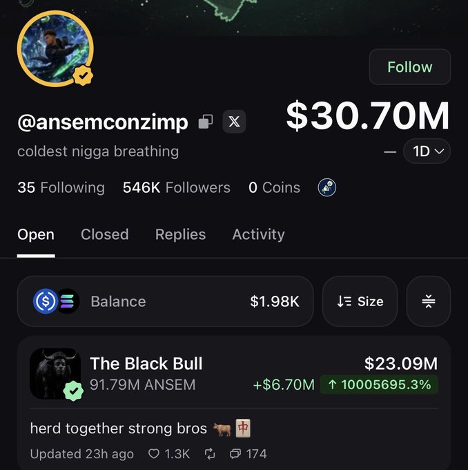 A social media profile for @ansemconzimp shows a portfolio value of $30.70M with 546K followers, highlighting a holding called "The Black Bull" ($ANSEM) worth $23.09M with a 10005695.3% gain, aligning with the post's claim that ANSEM is now holding $30M in one wallet.