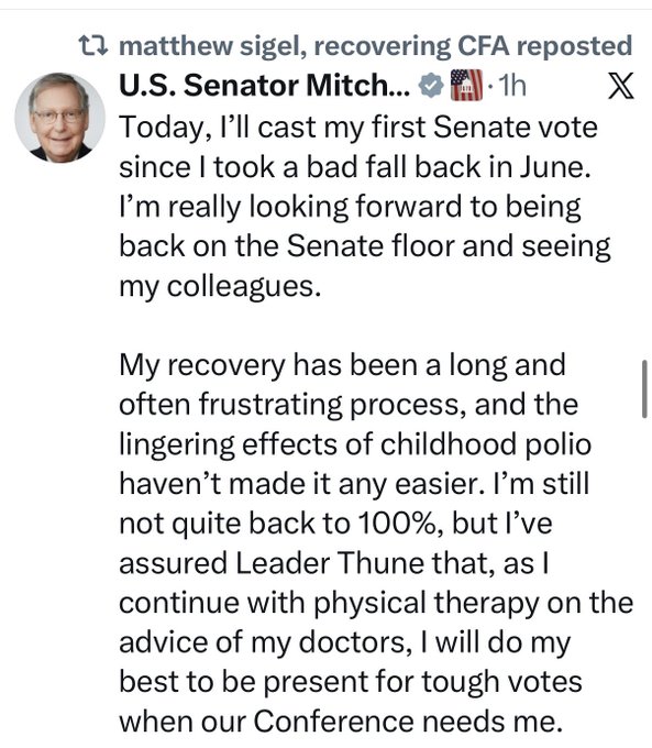 Senator Mitch McConnell announces his return to the Senate floor to cast his first vote since a June fall, noting his ongoing recovery is complicated by childhood polio. The post's reaction of "Holy shit they did it" likely expresses surprise at McConnell's return despite his health challenges.