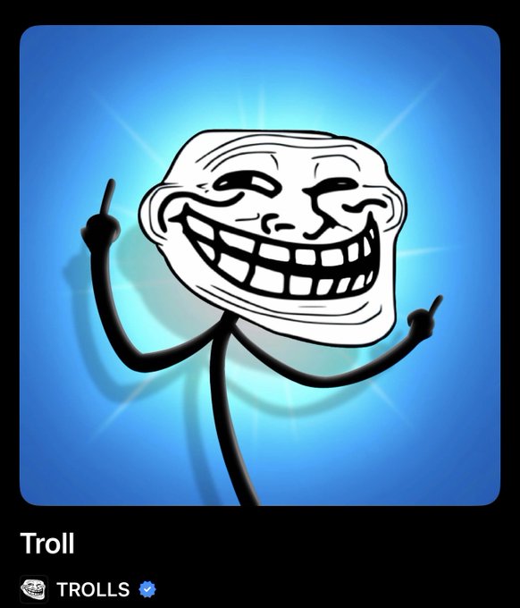 The image features a cartoon-like depiction of a person with two arms, one hand raised in the air as if making peace or giving a peace sign, while the other arm is extended outwards. The background of the image is blue, which contrasts nicely with the white face of the character. Below the image, there's text that reads " Trolls" and " Trolls", indicating that this is likely an art piece or illustration related to the concept of trolls.