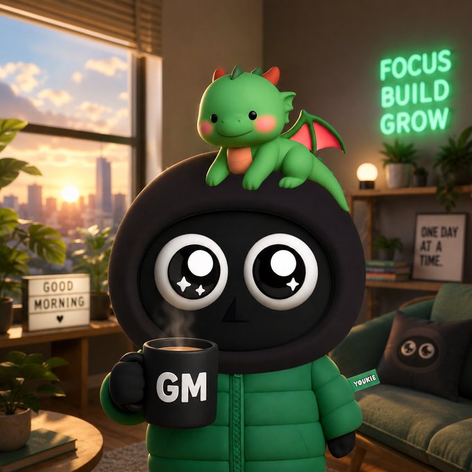 A stylized 3D character with a round skull-like head wearing a green puffer jacket holds a mug labeled 'GM', with a small dragon perched on its head and a neon 'FOCUS BUILD GROW' sign in the background.