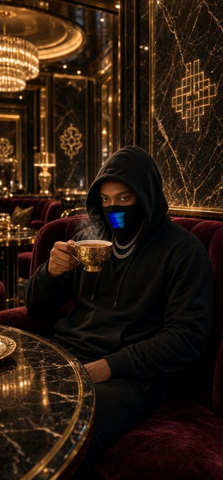 A person wearing a black hoodie and a blue-glowing LED face mask sits in a luxurious velvet chair, sipping steaming tea from an ornate gold cup in an elegant dark interior with marble and gold accents.
