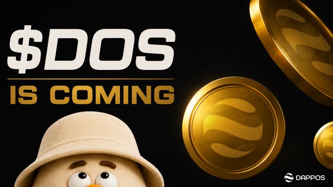 A black promotional banner announces "$DOG IS COMING" in bold text, featuring a cute penguin-like mascot wearing a tan bucket hat alongside floating gold coins stamped with an "S" logo, with "DAPPOS" branding in the bottom right corner.

The image relates to the post by teasing the upcoming launch of a new meme coin ($DOG), possibly suggesting DappOS could be the next project to list on Binance Alpha.