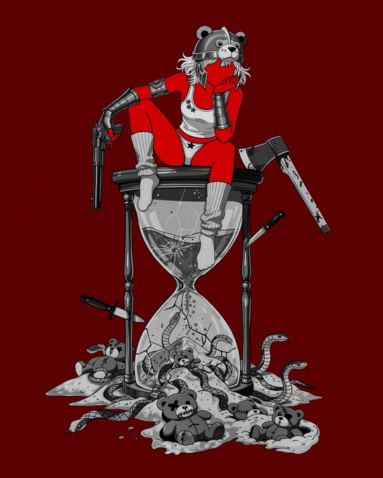 A dark illustration shows a warrior with a bear-eared helmet sitting atop a cracked hourglass filled with snakes and knives, surrounded by teddy bears on a deep red background.