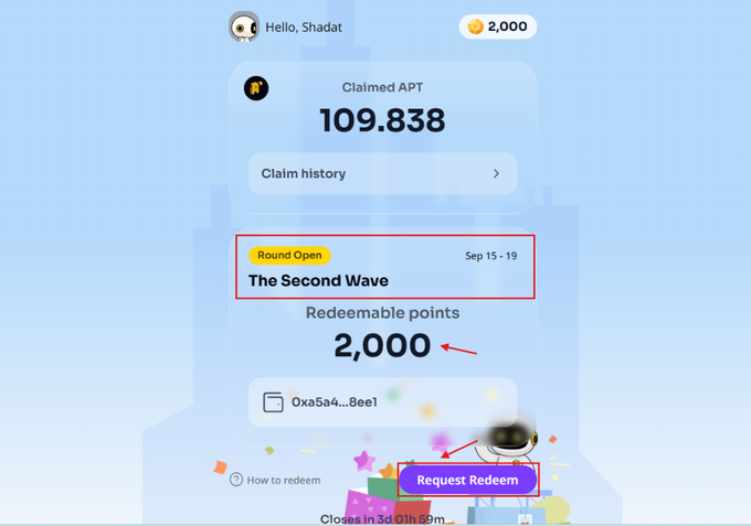 The image shows an ALPHEA points dashboard displaying a Claimed APT balance of 109.838, with a highlighted "Round Open - The Second Wave" redemption event (Sep 15-19) and 2,000 redeemable points, along with a "Request Redeem" button for the wallet address 0xa5a4...8ee1.