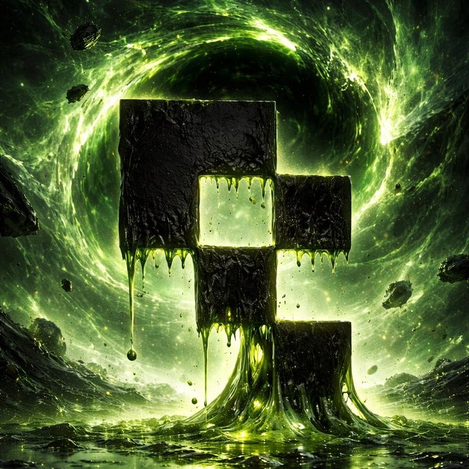 A dramatic digital artwork showing a glowing stone cross-like structure dripping with luminous green liquid against a swirling green cosmic vortex and floating debris.