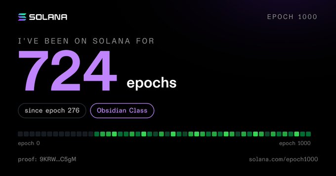 A Solana blockchain graphic stating 'I'VE BEEN ON SOLANA FOR 724 epochs', noting 'Obsidian Class' status, 'since epoch 276', and 'EPOCH 1000' at solana.com/epoch1000.