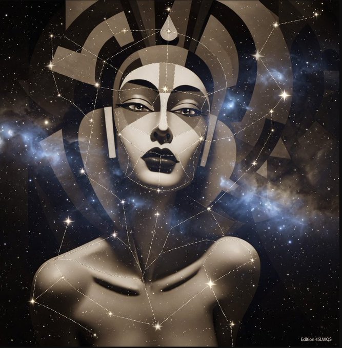 A stylized Art Deco digital illustration of a woman's face and upper body, overlaid with constellations and geometric star patterns against a cosmic background, signed 'Edition #SLWQS'.