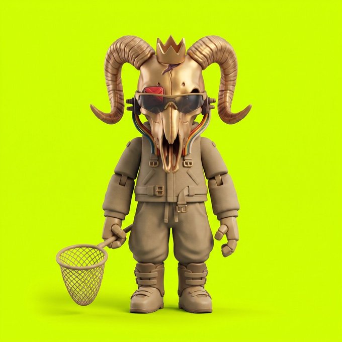 A 3D-rendered designer toy of a figure with a ram skull head, golden crown, and sunglasses, dressed in tan clothing and holding a small net against a lime green background.