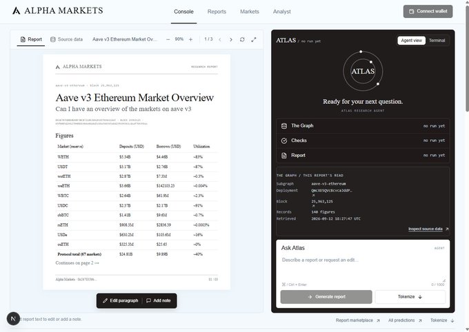The Alpha Markets console interface displaying an 'Aave v3 Ethereum Market Overview' research report alongside an 'ATLAS' AI research assistant chat window.