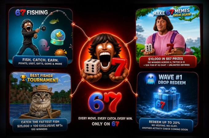 A promotional graphic for the game '67', advertising '67 FISHING' ('Fish. Catch. Earn. Points, USDT, gifts, gems & more'), a 'Best Fisher Tournament', 'Make 67 Memes Great Again' ($10,000 for 567 Prizes), and 'Wave #1 Drop Redeem' with a tagline 'Every move. Every catch. Every win. Only on 67'.