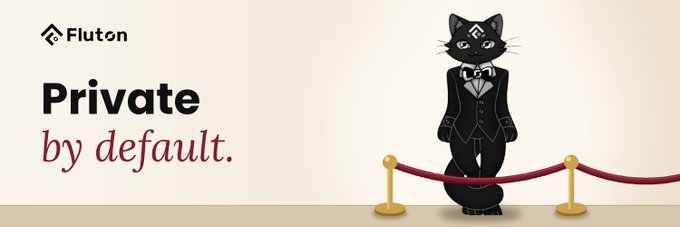 The FlutonIO banner reads "Private by default" and features a well-dressed tuxedo cat standing behind a red velvet rope, symbolizing exclusivity and discretion. The image reinforces the post's message about privacy being a premium, default feature on public chains rather than an afterthought.