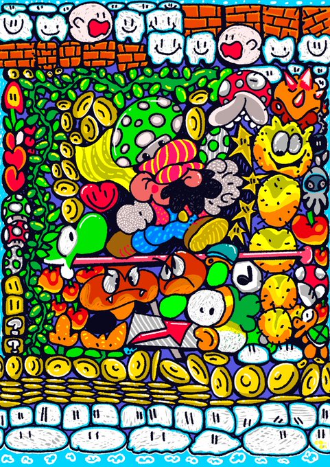 A colorful, busy doodle-style illustration filled with various cartoon characters, faces, food items, and abstract patterns in vibrant colors.