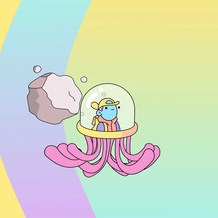 The image features a cartoon character, possibly an alien or a sea monster, wearing a hat and riding a pink octopus-shaped vehicle with a glass dome over its head. The character appears to be floating in space, as indicated by the rainbow background. The caption "space @doodles" is written above the image, suggesting that it might be related to a post or social media account dedicated to doodling and illustrations.
