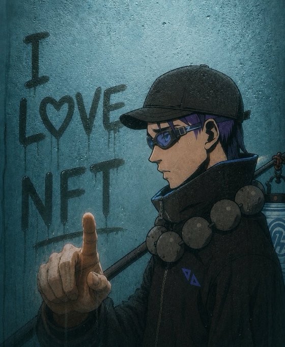 A graffiti-style illustration of a person in a cap and sunglasses giving a thumbs-up next to the wall text 'I ❤ NFT,' with a logo resembling the NEAR Protocol symbol on their jacket.