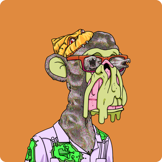 A cartoon illustration of a grotesque zombie/monkey character wearing red sunglasses and a white lab coat, with green drool hanging from its mouth against an orange background.