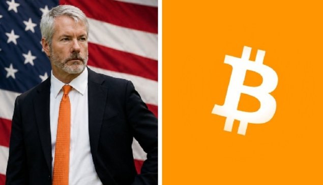 A man in a dark suit with an orange tie stands in front of an American flag, juxtaposed with a Bitcoin logo on an orange background. The image accompanies commentary arguing that the U.S. doesn't need clarification on Bitcoin itself, but rather a regulatory framework to foster innovation and protect investors, echoing Michael Saylor's perspective on the cryptocurrency.
