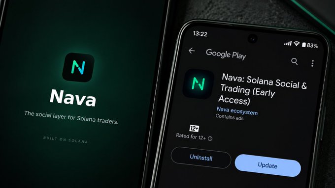 A promotional image showing the Nava app ('The social layer for Solana traders. Built on Solana') displayed on both a dark green background and on a smartphone's Google Play store page, available for update.