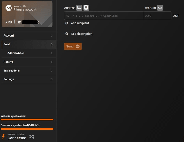 The image shows a computer screen displaying a web browser window with an open tab for a Monero mining account. The text "Happy to report that I have mined my first Monero" is visible, indicating that someone has successfully mined their first batch of Monero coins using the provided address.