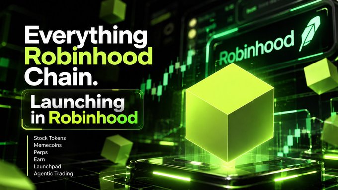 A promotional graphic announcing the launch of "Robinhood Chain" featuring a glowing green cube and trading chart visuals, with text listing features like Stock Tokens, Memecoins, Perps, Earn, Launchpad, and Agentic Trading. The image serves as branding for "Terminal Basis Dex" launching on Robinhood Chain, warning users to beware of fake contract addresses and directing them to basisdex.com.
