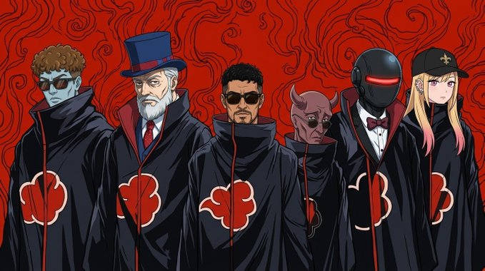 Illustration of six stylized characters wearing black cloaks featuring red Akatsuki-style cloud patterns, standing against a red swirled background.