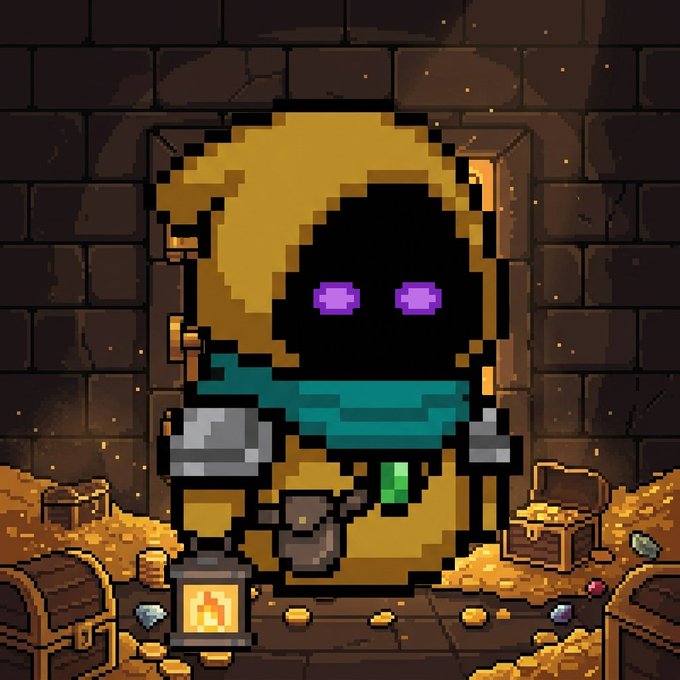 Pixel art of a hooded character with a dark face and glowing purple eyes, standing in a treasure-filled room and holding a lantern.