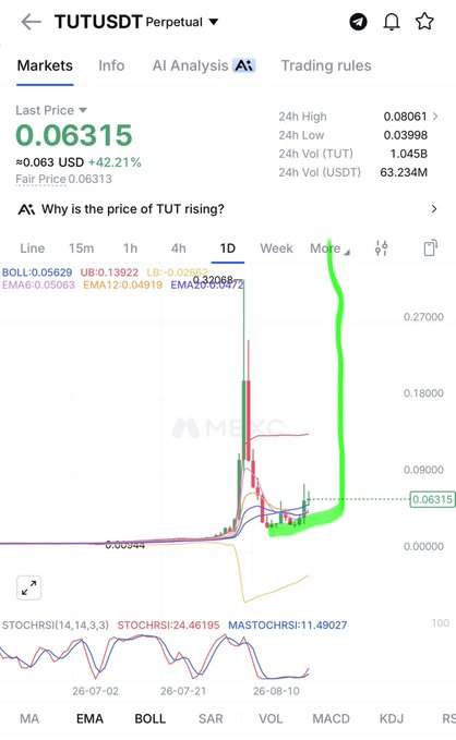 Mobile trading app screenshot showing TUT/USDT perpetual pair at price 0.06315 (+42.21%), with a 1D candlestick chart displaying a dramatic spike in late July 2026.