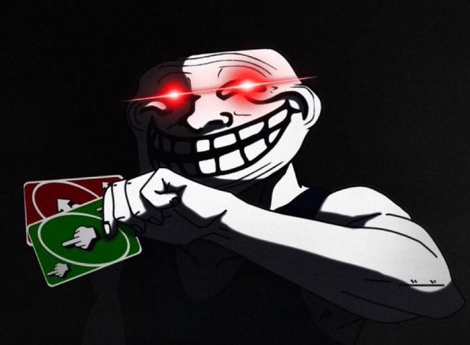 A dark, stylized illustration of a menacing cartoon figure with glowing red eyes and a wide grin, holding what appears to be UNO cards.