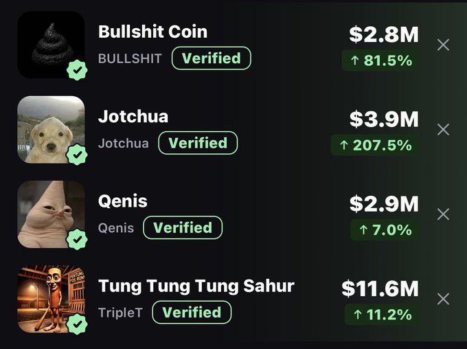 The image shows a meme coin tracking dashboard displaying four trending tokens all marked as "Verified": Bullshit Coin (BULLSHIT) at $2.8M up 81.5%, Jotchua at $3.9M up 207.5%, Qenis at $2.9M up 7.0%, and Tung Tung Tung Sahur (TripleT) leading at $11.6M up 11.2%. The screenshot visually reinforces the post's optimistic "trenches are healing" sentiment by showing all four mentioned tickers ($bullshit, $jotchua, $triplet, $qenis) posting notable gains.