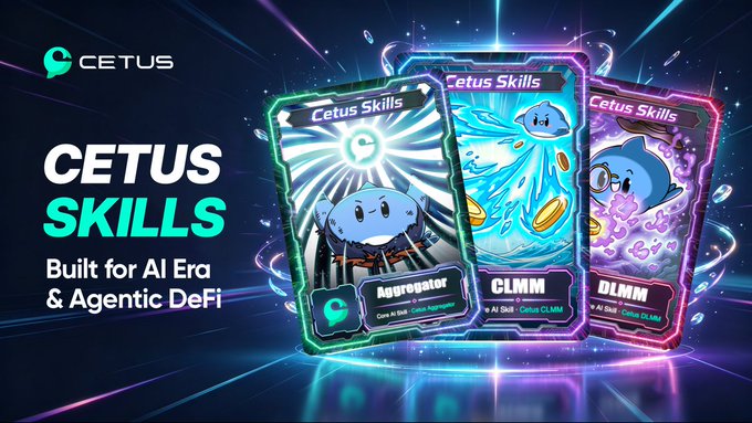 Promotional graphic for Cetus Skills featuring three NFT-style cards (Aggregator, CLMM, DLMM) with the tagline 'Built for AI Era & Agentic DeFi.'