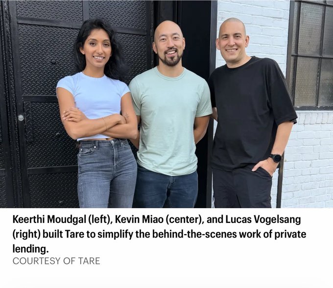 A photo of three people (Keerthi Moudgal, Kevin Miao, and Lucas Vogelsang) standing outdoors, with text captioning them as the builders of 'Tare' to simplify private lending.