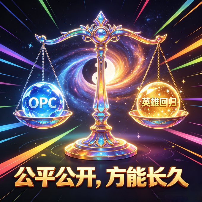 An ornate golden balance scale set against a cosmic galaxy background, with a blue crystal labeled 'OPC' on one side and a glowing golden sphere with Chinese characters '英雄回归' (Hero Returns) on the other, with the caption '公平公开, 方能长久' (Fairness and openness lead to longevity).