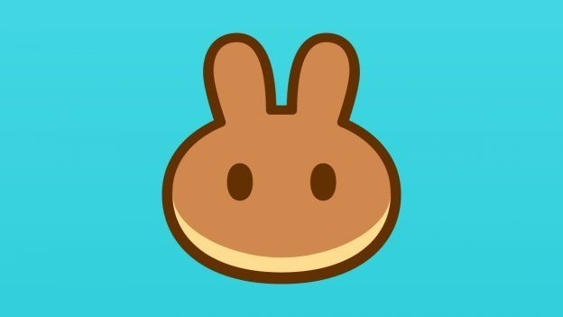 A cartoon bunny face with a slight smile on a bright cyan background, likely representing the PancakeSwap mascot, complements the post about CAKE token's negative net issuance and burning mechanism.