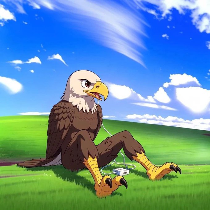 A cartoon-style illustration of an anthropomorphic bald eagle sitting on grass in a sitting position with human-like legs, plugged into an iPod with white earbuds, under a bright blue sky with scattered clouds.