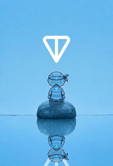 A small cartoon ninja figure stands on a rock surrounded by water beneath a triangular Toncoin (TON) logo against a blue background.