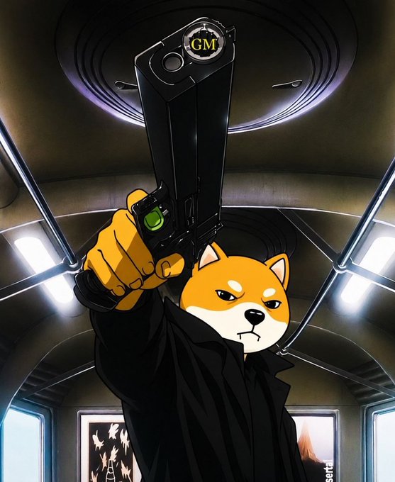 A stylized illustration of a Shiba Inu dog in a trench coat holding up a futuristic gun marked 'GM' on a subway car interior.