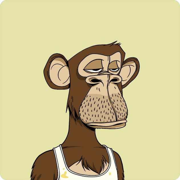 A cartoon illustration of a bored-looking brown monkey wearing a stained white tank top against a pale yellow background.
