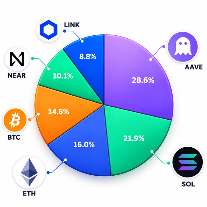 A colorful pie chart displaying cryptocurrency allocations: AAVE 28.6%, SOL 21.9%, ETH 16.0%, BTC 14.6%, NEAR 10.1%, and LINK 8.8%.