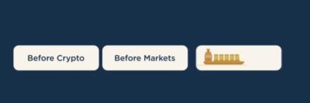 The image displays three category buttons labeled "Before Crypto," "Before Markets," and a third unlabeled button featuring a gold shipping/cargo container icon on a dark navy background. The shipping icon visually reinforces the post's focus on EthraShip's tokenization of the maritime shipping industry, symbolizing the real-world asset bridge between blockchain and global trade.