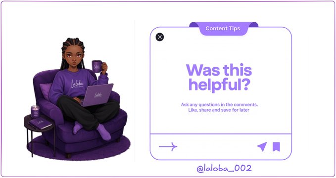 A content tip graphic showing an illustrated woman in a purple sweater sitting in a chair with a laptop and mug, alongside text that reads 'Was this helpful?' and is credited to @laloba_002.