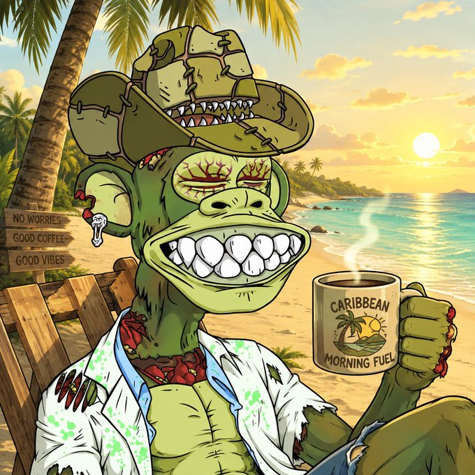 A cartoon illustration of a green zombie-like monkey wearing a hat and white shirt, holding a mug labeled "CARIBBEAN MORNING FUEL" on a beach at sunset, with a sign reading "NO WORRIES, GOOD COFFEE, GOOD VIBES."