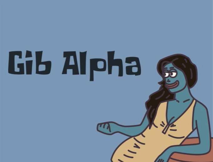 A cartoon character with blue skin and dark hair wearing a yellow dress against a blue background, with the text 'Gib Alpha' displayed prominently.