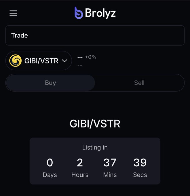 A screenshot of the Brolyz trading platform showing the GIBI/VSTR trading pair, with a countdown timer indicating the listing goes live in 2 hours, 37 minutes, and 39 seconds—visually reinforcing the post's excitement that only 2.5 hours remain before launch.