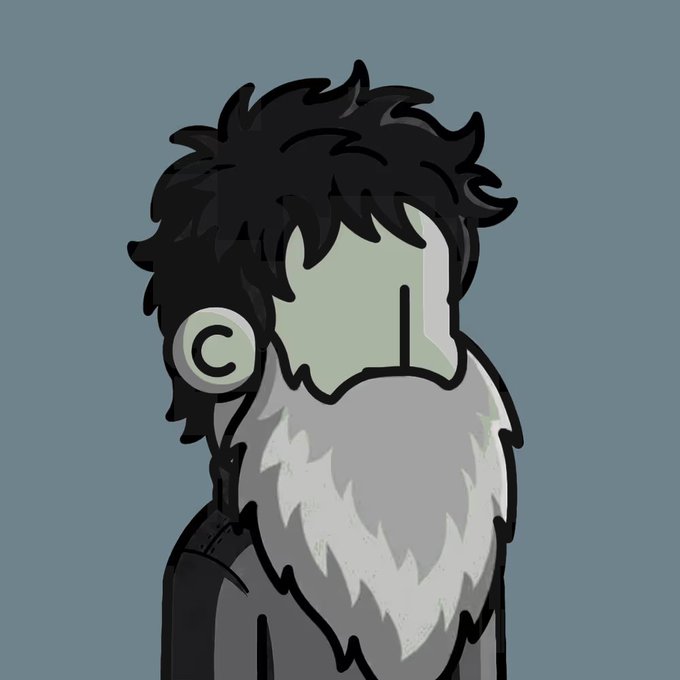 A cartoon-style digital drawing of a pale-skinned character with messy black hair, a long beard, and a copyright symbol (©) on their cheek against a gray background.